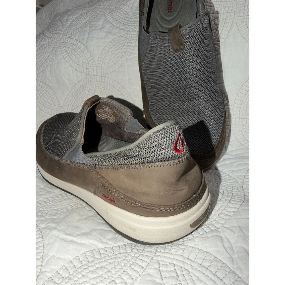 Olukai Makia Men's 12 Slip On Loafer Gray Mesh Brown Leather Boat Shoes
